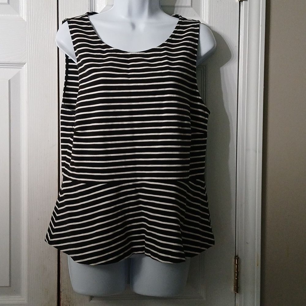 J Crew black white stripe sleeveless blouse full zipper back Sz L EUC